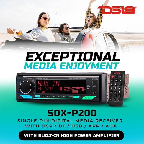 DS18 SDX-P200 Digital Media Receiver Single Din, Car Stereo Radio DSP, High Power 4 x 60 Watts, APP, Bluetooth Audio and Calling, Aux Input, USB, Mechless, AM/FM, 3V + 3.5V Subwoofer (Renewed) in Saudi Arabia