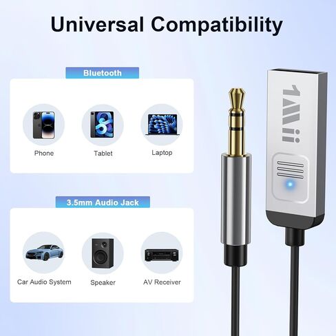 1Mii Aux Bluetooth 5.4 Adapter for Car, USB Powered to 3.5mm Jack Bluetooth Receiver for Car Audio Home Stereo, Wireless Audio Kit for Hands-Free Calls and Wireless Music Streaming, Plug and Play in Saudi Arabia