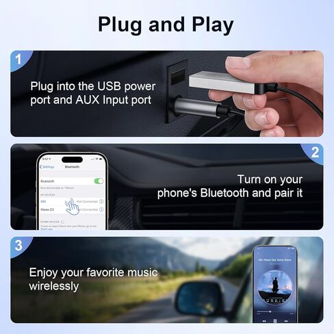 1Mii Aux Bluetooth 5.4 Adapter for Car, USB Powered to 3.5mm Jack Bluetooth Receiver for Car Audio Home Stereo, Wireless Audio Kit for Hands-Free Calls and Wireless Music Streaming, Plug and Play in Saudi Arabia