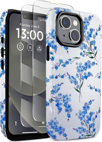 J.west Case for iPhone 13 and iPhone 14 Case with 2 Pack Tempered Glass Screen Protectors Cute Floral Flowers Hybrid Cover for Girls Women Aesthetic Protective Phone Cases Teal Blue in Saudi Arabia