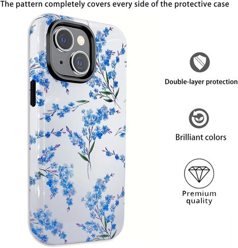 J.west Case for iPhone 13 and iPhone 14 Case with 2 Pack Tempered Glass Screen Protectors Cute Floral Flowers Hybrid Cover for Girls Women Aesthetic Protective Phone Cases Teal Blue in Saudi Arabia