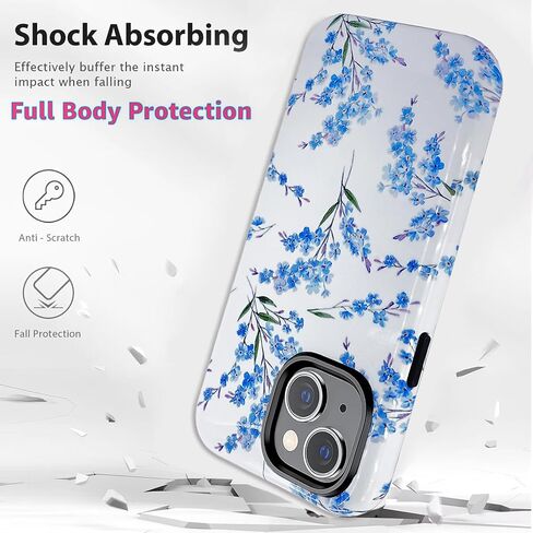 J.west Case for iPhone 13 and iPhone 14 Case with 2 Pack Tempered Glass Screen Protectors Cute Floral Flowers Hybrid Cover for Girls Women Aesthetic Protective Phone Cases Teal Blue in Saudi Arabia