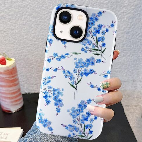 J.west Case for iPhone 13 and iPhone 14 Case with 2 Pack Tempered Glass Screen Protectors Cute Floral Flowers Hybrid Cover for Girls Women Aesthetic Protective Phone Cases Teal Blue in Saudi Arabia