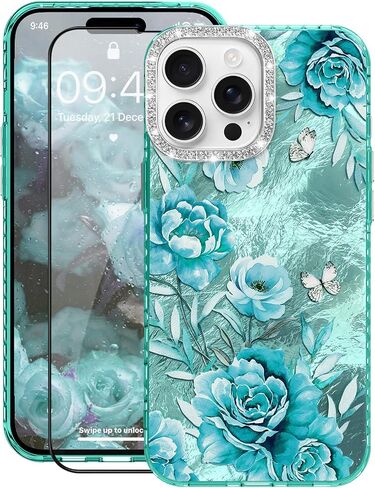 for iPhone 16 Case Glitter, with Screen Protector, Cute Rose Floral Design with Diamond Bling Lens Frame Protection Slim Fit Shockproof Protective Phone Cover for Women Girls -Cyan in Saudi Arabia