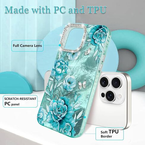 for iPhone 16 Case Glitter, with Screen Protector, Cute Rose Floral Design with Diamond Bling Lens Frame Protection Slim Fit Shockproof Protective Phone Cover for Women Girls -Cyan in Saudi Arabia