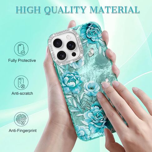 for iPhone 16 Case Glitter, with Screen Protector, Cute Rose Floral Design with Diamond Bling Lens Frame Protection Slim Fit Shockproof Protective Phone Cover for Women Girls -Cyan in Saudi Arabia