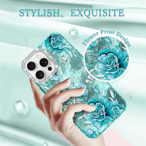 for iPhone 16 Case Glitter, with Screen Protector, Cute Rose Floral Design with Diamond Bling Lens Frame Protection Slim Fit Shockproof Protective Phone Cover for Women Girls -Cyan in Saudi Arabia
