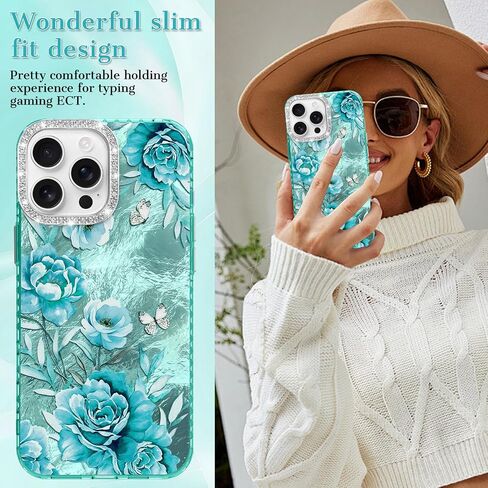 for iPhone 16 Case Glitter, with Screen Protector, Cute Rose Floral Design with Diamond Bling Lens Frame Protection Slim Fit Shockproof Protective Phone Cover for Women Girls -Cyan in Saudi Arabia