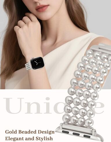 JR.DM Beaded Bracelet Band Women Compatible With Apple Watch 38mm 40mm 41mm 42mm 44mm 45mm 46mm, Adjustable Metal Replacement Strap, Fashion Dressy Wristband For iWatch SE Series 10/9/8/7/6/5/4/3/2/1 in Kuwait