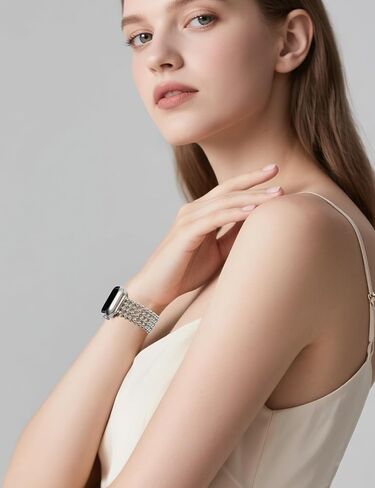 JR.DM Beaded Bracelet Band Women Compatible With Apple Watch 38mm 40mm 41mm 42mm 44mm 45mm 46mm, Adjustable Metal Replacement Strap, Fashion Dressy Wristband For iWatch SE Series 10/9/8/7/6/5/4/3/2/1 in Kuwait