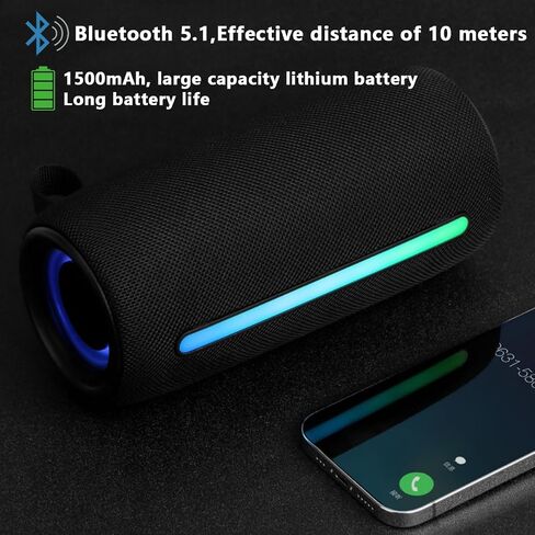 Wireless Portable Bluetooth Speaker: IPX6 Waterproof Outdoor Audio,fm Radio,USB/AUX/SD Card Play,LEDlights,TWS interconnected Stereo,Travel/Camping/Bike/Family/Party（Black） in Saudi Arabia