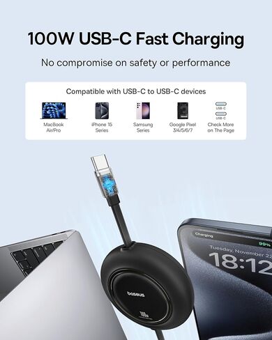 BASEUS USB C CABLE ، PD 100W 6.6ft قابل للسحب USB C إلى USB C كبل شحن سريع كابل USB C ، 2 حزمة 3.3 قدم 100W 5A شحن سريع USB C إلى USB C كبل in Saudi Arabia