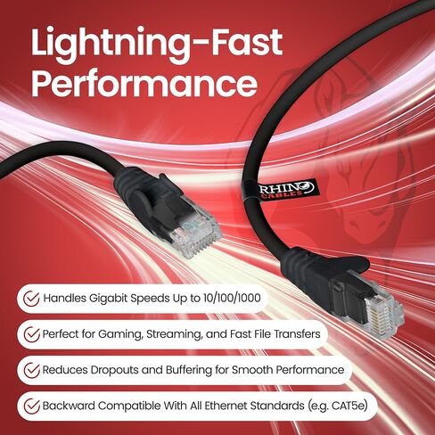 Rhinocables Cat 6 Cable Gigabit Ethernet عالية السرعة - الرصاص شبكة التصحيح للشبكة LAN | utpless UTP مع سترة LSZH | موصل RJ45 - الإنترنت ، جهاز التوجيه ، المودم ، التلفزيون الذكي ، الكمبيوتر الشخصي والمزيد (6 أقدام ، أسود) in Kuwait