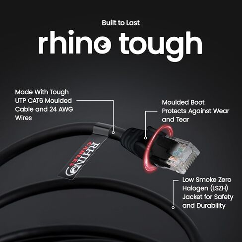 Rhinocables Cat 6 Cable Gigabit Ethernet عالية السرعة - الرصاص شبكة التصحيح للشبكة LAN | utpless UTP مع سترة LSZH | موصل RJ45 - الإنترنت ، جهاز التوجيه ، المودم ، التلفزيون الذكي ، الكمبيوتر الشخصي والمزيد (6 أقدام ، أسود) in Kuwait