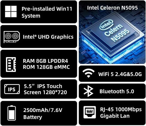 HIGOLEPC Mini PC Windows 11 PRO, Intel Celeron J4125 Mini Computer, 8GB DDR4 128GB EMMC Mini Desktop Computer with IPS Screen, WiFi 6.0, BT5.2, Gigabit Ethernet in Kuwait