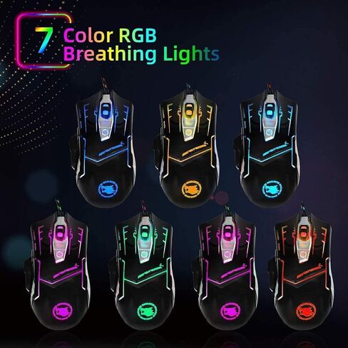 RGB Light up Wired Gaming Mouse for Computer - Durable USB Led Laptop Mice w/ 7 Color Backlit, 4 Adjust DPI Up to 3200 for Gaming, Silent & Stable PC Corded Mouse for Mac MacBook Windows Linux PS4 in Kuwait