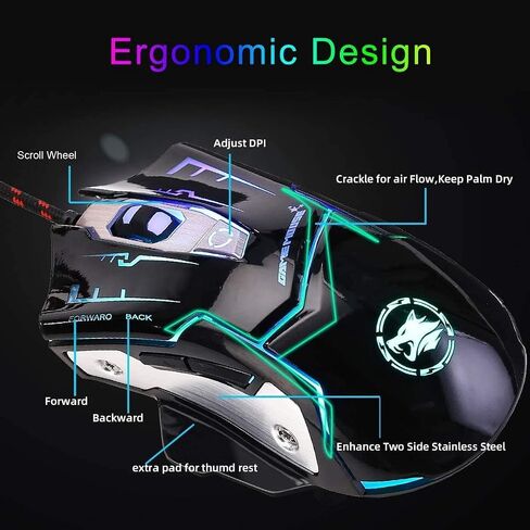 RGB Light up Wired Gaming Mouse for Computer - Durable USB Led Laptop Mice w/ 7 Color Backlit, 4 Adjust DPI Up to 3200 for Gaming, Silent & Stable PC Corded Mouse for Mac MacBook Windows Linux PS4 in Kuwait