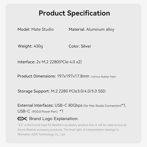 Mate Studio Stand-A 80 جيجابت في الثانية SSD Dock لاستوديو Mac-سبيكة الألومنيوم مع فتحات PCIEX2 M.2 (16 تيرابايت كحد أقصى) ، 80 جيجابت في الثانية USB-C & PD 3.0 المنفذ-فروست سيلفر in Kuwait