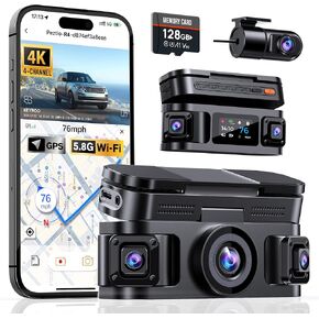 360° View 4 Channel Dash Cam, 4K Front and Rear Inside Left Right, Built-in GPS & 5.8G WiFi App Control, Dash Camera for Cars, 24/7 Parking Mode, G-Sensor, IR Night Vision, Free 128GB Card in Saudi Arabia