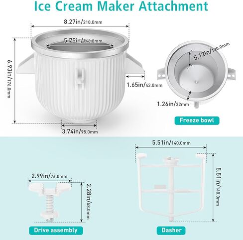 Ice Cream Attachment for KitchenAid Mixer, Ice Cream Bowl Compatible with 4.5Qt and 6QT Or Larger Stand Mixers KitchenAid Attachment, Frozen Yogurt & Sorbet Gelato Maker Attachment, 2 Qt White in Saudi Arabia