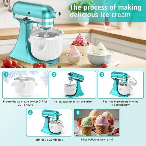 Ice Cream Attachment for KitchenAid Mixer, Ice Cream Bowl Compatible with 4.5Qt and 6QT Or Larger Stand Mixers KitchenAid Attachment, Frozen Yogurt & Sorbet Gelato Maker Attachment, 2 Qt White in Saudi Arabia