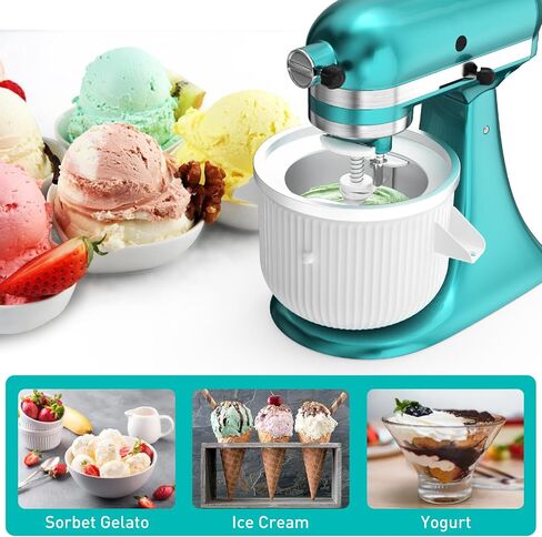 Ice Cream Attachment for KitchenAid Mixer, Ice Cream Bowl Compatible with 4.5Qt and 6QT Or Larger Stand Mixers KitchenAid Attachment, Frozen Yogurt & Sorbet Gelato Maker Attachment, 2 Qt White in Saudi Arabia