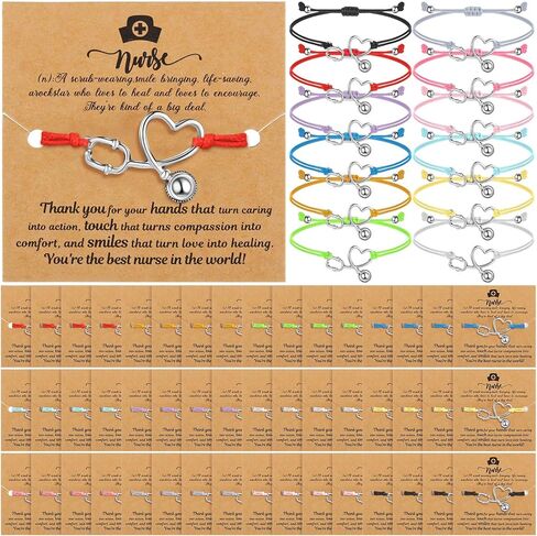 Sasylvia 48 Sets Nurse Gifts Bulk Heart Stethoscope Bracelet Appreciation Gifts with Blessing Card Bracelets RN Nurse Jewelry for Women Men Nursing School Graduation Gifts in Kuwait