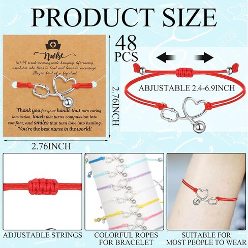 Sasylvia 48 Sets Nurse Gifts Bulk Heart Stethoscope Bracelet Appreciation Gifts with Blessing Card Bracelets RN Nurse Jewelry for Women Men Nursing School Graduation Gifts in Kuwait