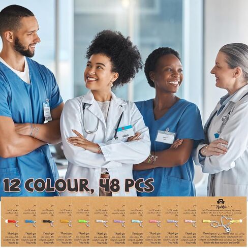 Sasylvia 48 Sets Nurse Gifts Bulk Heart Stethoscope Bracelet Appreciation Gifts with Blessing Card Bracelets RN Nurse Jewelry for Women Men Nursing School Graduation Gifts in Kuwait
