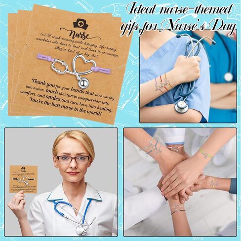 Sasylvia 48 Sets Nurse Gifts Bulk Heart Stethoscope Bracelet Appreciation Gifts with Blessing Card Bracelets RN Nurse Jewelry for Women Men Nursing School Graduation Gifts in Kuwait