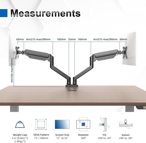 GB2003-2 Dual Monitor Stand for 13-32 Inch Computer Screen, Gas Spring Arm, Adjustable Height, Load Capacity 2-9 kg, VESA 75x75/100x100, Black in Saudi Arabia