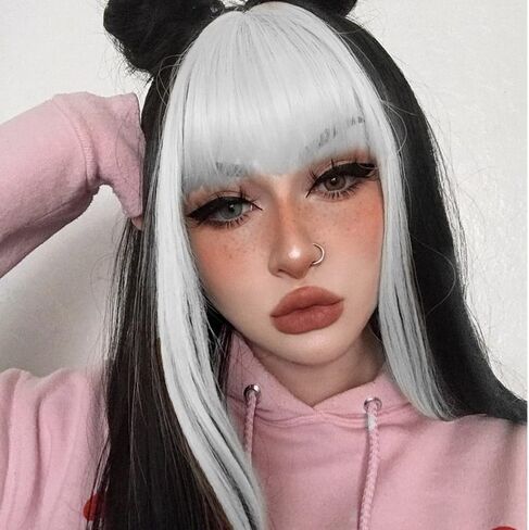 Fugady Half Black White Wig with Bangs Women Girls Short Curly Wavy Wig Black and White Hair Wigs Halloween Cosplay Costume Party Wig in Saudi Arabia