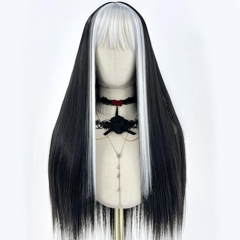 Fugady Half Black White Wig with Bangs Women Girls Short Curly Wavy Wig Black and White Hair Wigs Halloween Cosplay Costume Party Wig in Saudi Arabia