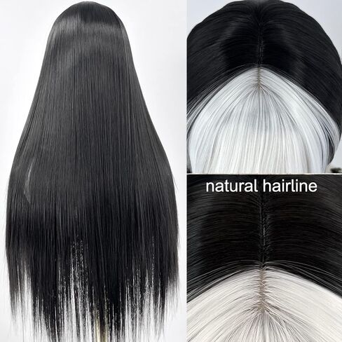 Fugady Half Black White Wig with Bangs Women Girls Short Curly Wavy Wig Black and White Hair Wigs Halloween Cosplay Costume Party Wig in Saudi Arabia