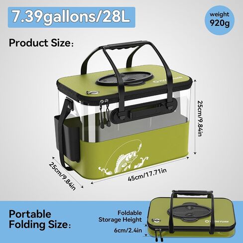 دلو الصيد قابل للطي ， 6gallon/8gallon/10gallon ، حاوية الأسماك الحية دلو الطعم الحية متعدد الوظائف ، لصيد الأسماك ، التخييم ، تتحرك (أخضر ، 8 جالون) in Kuwait