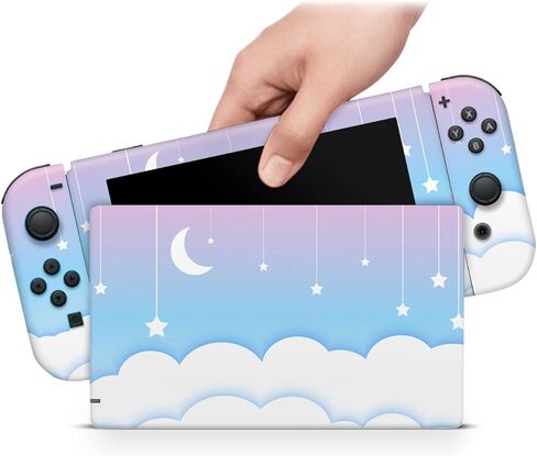 ZOOMHITSKINS OLED Switch Skin, Compatible with Switch OLED Skin Wrap, Crescent Moon Stars Cute Kawaii Anime Blue Purple, 3M Vinyl for Durable & Fit, Made in The USA in Saudi Arabia