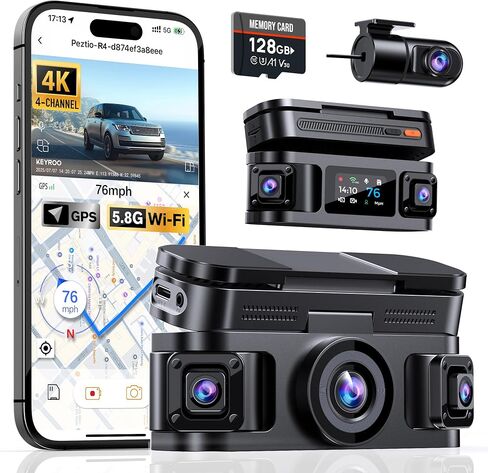 360 ° View 4 Channel Dash Cam ، 4K الأمامية والخلفية داخل اليسار اليسرى ، GPS المدمج و 5.8G WIFI التحكم في التطبيق ، كاميرا اندفاعة للسيارات ، وضع وقوف السيارات على مدار الساعة طوال أيام الأسبوع ، G-SENSOR ، الرؤية الليلية الأشعة تحت الحمراء ، بطاقة 128 ج in Saudi Arabia