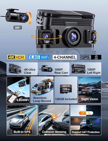 360 ° View 4 Channel Dash Cam ، 4K الأمامية والخلفية داخل اليسار اليسرى ، GPS المدمج و 5.8G WIFI التحكم في التطبيق ، كاميرا اندفاعة للسيارات ، وضع وقوف السيارات على مدار الساعة طوال أيام الأسبوع ، G-SENSOR ، الرؤية الليلية الأشعة تحت الحمراء ، بطاقة 128 ج in Saudi Arabia