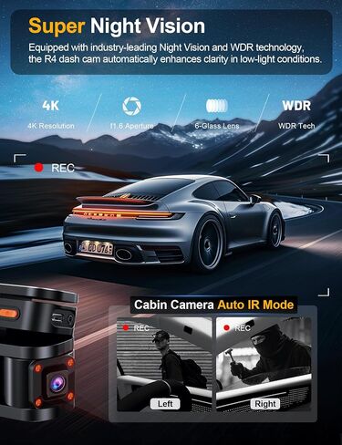 360 ° View 4 Channel Dash Cam ، 4K الأمامية والخلفية داخل اليسار اليسرى ، GPS المدمج و 5.8G WIFI التحكم في التطبيق ، كاميرا اندفاعة للسيارات ، وضع وقوف السيارات على مدار الساعة طوال أيام الأسبوع ، G-SENSOR ، الرؤية الليلية الأشعة تحت الحمراء ، بطاقة 128 ج in Saudi Arabia