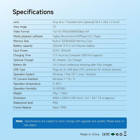 Full HD 1080P Sport Camera Glasses Water-resistant Wearable Action Camera with Built-in 32G Memory Open on Android Phone and Computer,Unisex Outdoor Sport Sunglasses in Saudi Arabia