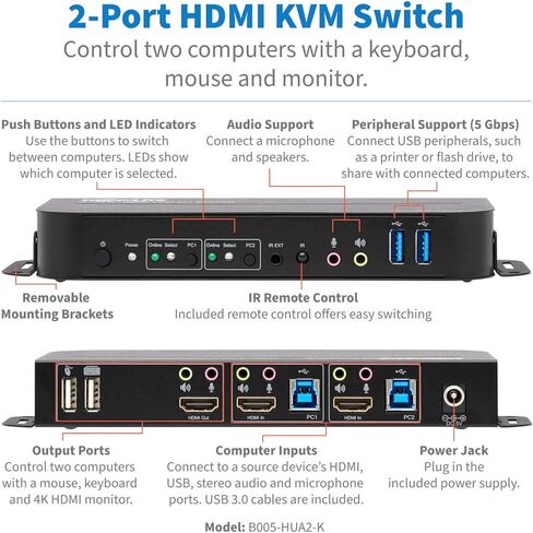 TRIPP LITE 2 PORT HDMI USB KVM Switch ، PORT DUAL PORT HDMI USB KVM SWITCH ، 4K 60 Hz ، HDR ، HDCP 2.2 ، USB 3.0 Cables ، Black (B005-HUA2-K) (متجدد) in Saudi Arabia