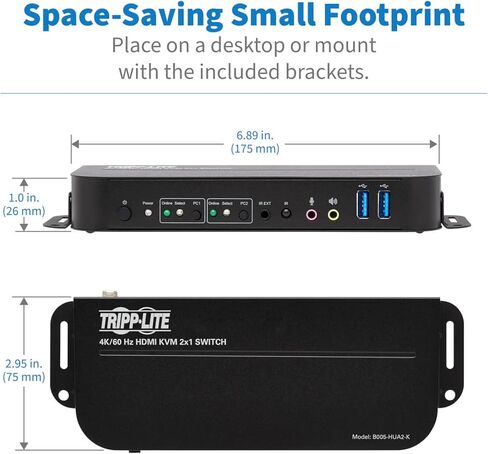 TRIPP LITE 2 PORT HDMI USB KVM Switch ، PORT DUAL PORT HDMI USB KVM SWITCH ، 4K 60 Hz ، HDR ، HDCP 2.2 ، USB 3.0 Cables ، Black (B005-HUA2-K) (متجدد) in Saudi Arabia