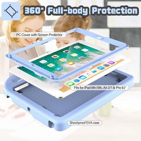 حافظة YIHE للأطفال لجهاز iPad الجيل السادس/الخامس (9.7 بوصة، 2018/2017)، حافظة iPad Air 1/Air 2 & Pro 9.7 مع واقي شاشة، حافظة واقية مقاومة للصدمات مع حامل ثابت لجهاز iPad 5/6 Gen، أزرق ووردي in Saudi Arabia