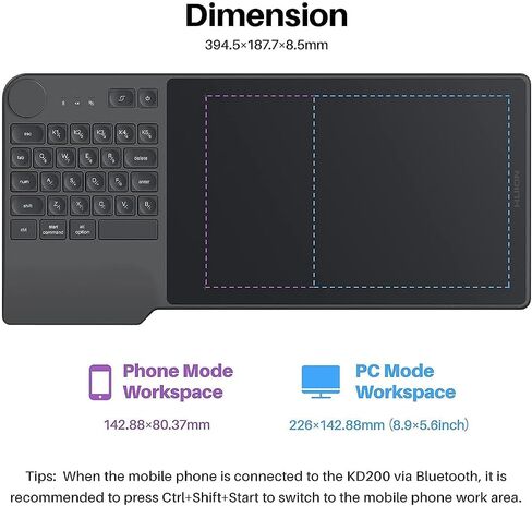 HUION Inspiroy Keydial KD200 Bluetooth 5.0 Wireless Graphics Drawing Tablet with Keyboard Dial 5 Customized Express Keys Battery-Free Stylus PW517 Tilt for PC, Mac, Android, with Skeleton Artist Glove in Saudi Arabia