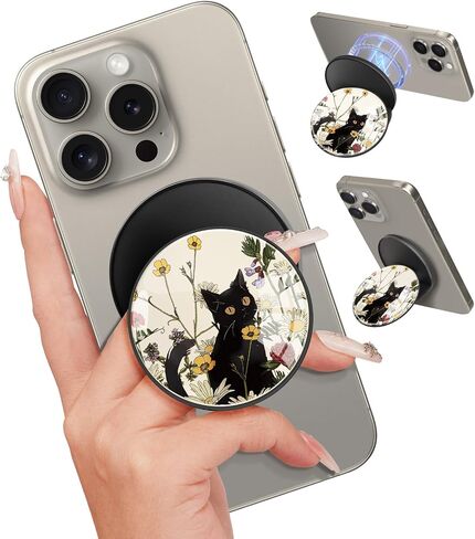 Kidcube Magnetic Phone Grip Compatible with Magsafe - Cell Phone Grip Stand Magnetic Ring Holder Finger Kickstand for iPhone 16 15 14 13 12 Series Magnet Removable Accessories Cute Black Cat Flower in Kuwait