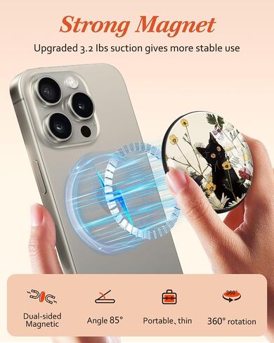Kidcube Magnetic Phone Grip Compatible with Magsafe - Cell Phone Grip Stand Magnetic Ring Holder Finger Kickstand for iPhone 16 15 14 13 12 Series Magnet Removable Accessories Cute Black Cat Flower in Kuwait
