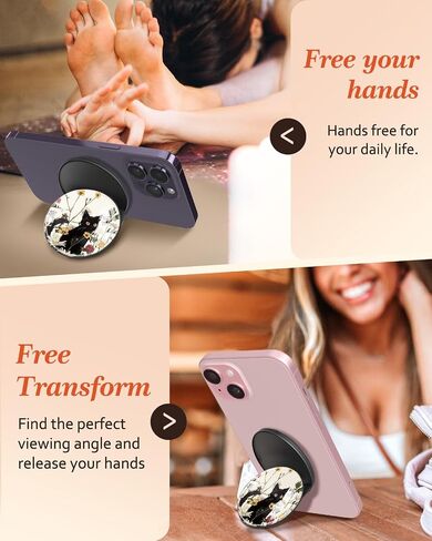 Kidcube Magnetic Phone Grip Compatible with Magsafe - Cell Phone Grip Stand Magnetic Ring Holder Finger Kickstand for iPhone 16 15 14 13 12 Series Magnet Removable Accessories Cute Black Cat Flower in Kuwait