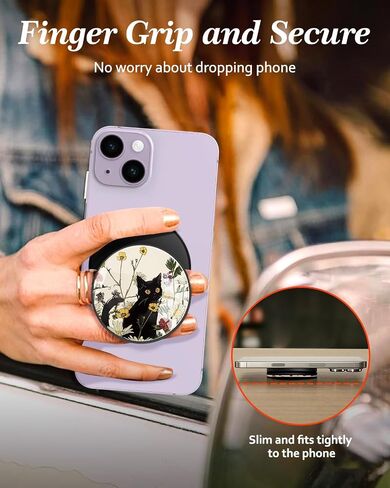 Kidcube Magnetic Phone Grip Compatible with Magsafe - Cell Phone Grip Stand Magnetic Ring Holder Finger Kickstand for iPhone 16 15 14 13 12 Series Magnet Removable Accessories Cute Black Cat Flower in Kuwait