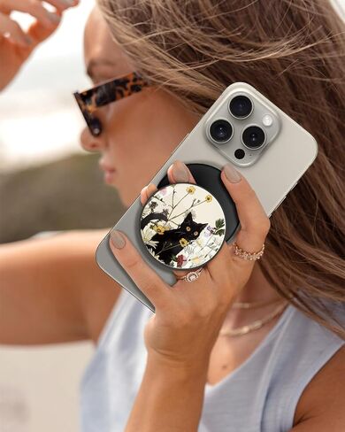 Kidcube Magnetic Phone Grip Compatible with Magsafe - Cell Phone Grip Stand Magnetic Ring Holder Finger Kickstand for iPhone 16 15 14 13 12 Series Magnet Removable Accessories Cute Black Cat Flower in Kuwait