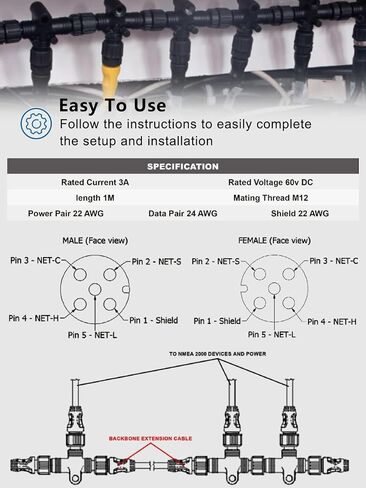 yourour NMEA 2000 (N2K) 1 Meter (3ft 3 inches) Backbone, Drop or Extension Cable for Lowrance Simrad B&G Navico & Garmin Networks in Saudi Arabia
